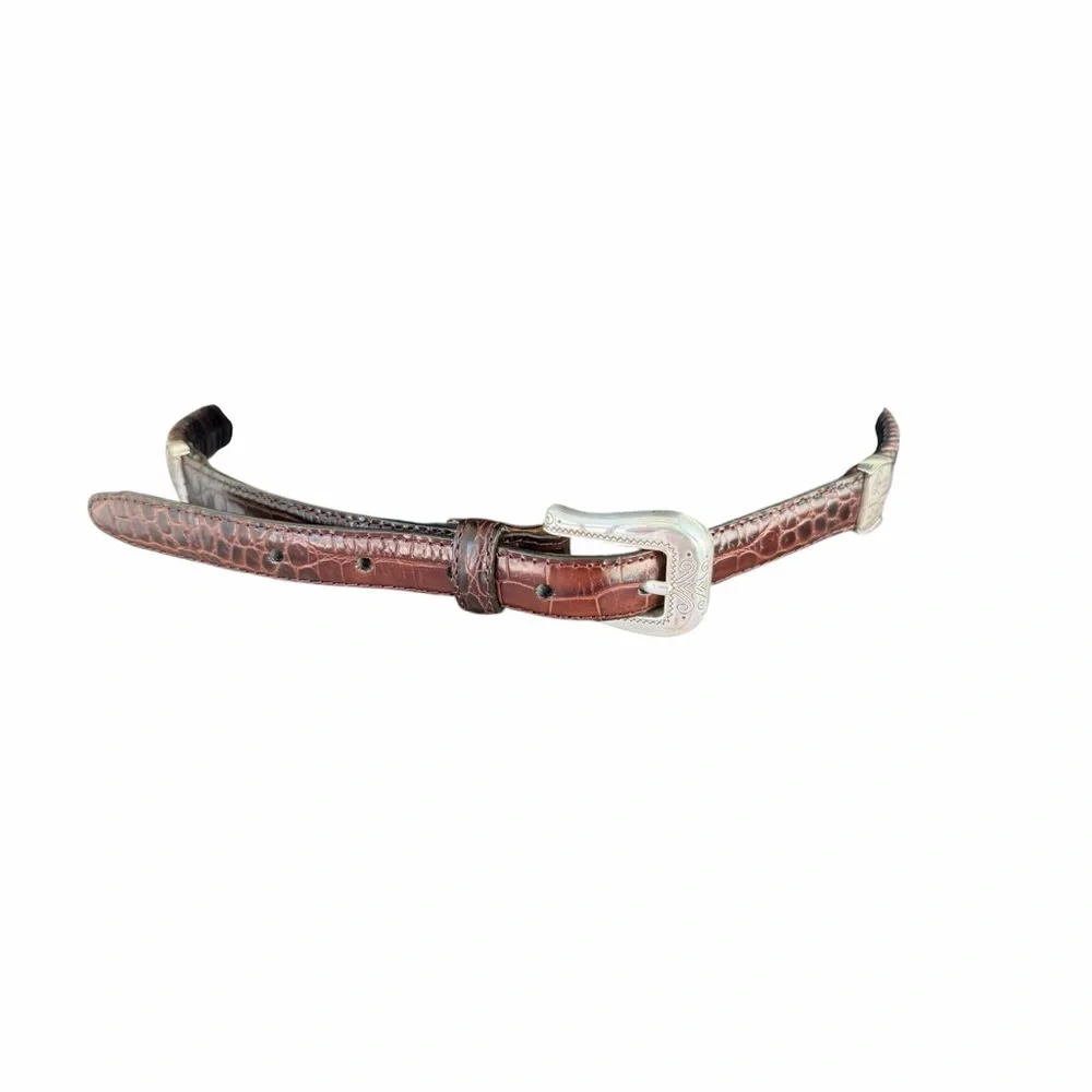 BRIGHTON Q5108 BROWN MOC CROC & WOVEN LEATHER SKINNY BELT SZ M